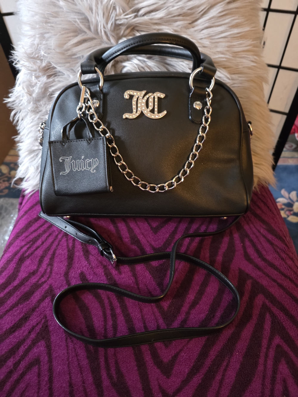 Juicy Couture Black Logo Dome Satchel with Chain